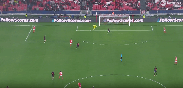Benfica GK's shot hitting Raphnha for a goal Benfica GK's shot hitting Raphnha for a goal