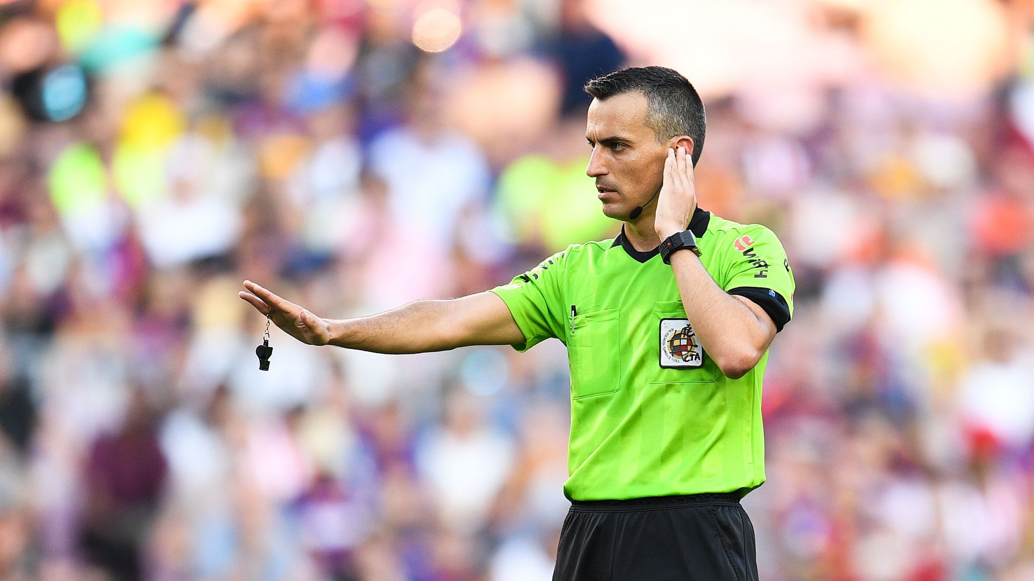 La Liga Referee Stopping Play for VAR Interaction La Liga Referee Stopping Play for VAR Interaction