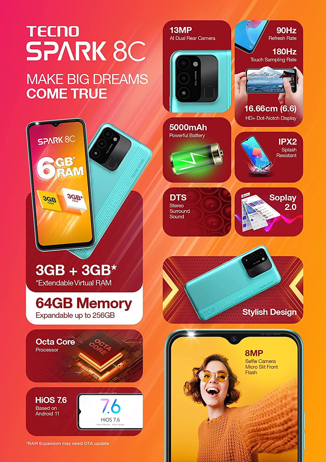 Spark 8C 3 GB RAM 64 GB Storage Cyan