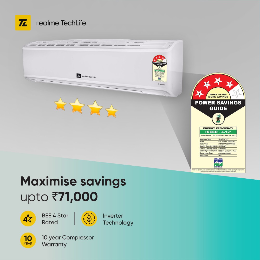 realme TechLife 154SIAA22WR 1.5 Ton 4 Star Inverter Split AC