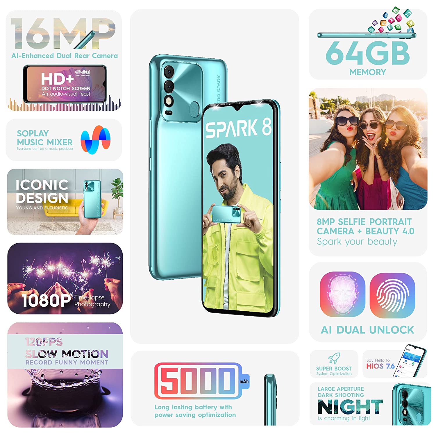 Spark 8 2 GB RAM 64 GB Storage Cyan